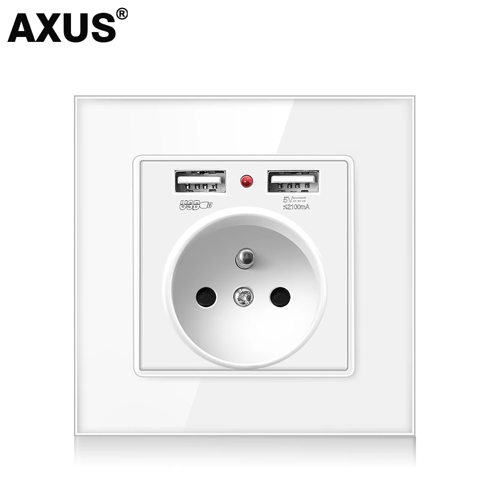 AXUS Френски Стандарт Контакт 16А Стенни USB Изход с Двоен USB-Зарядно Устройство за Мобилни устройства, на Бял кристален стъклен панел AC 100 ~ 250