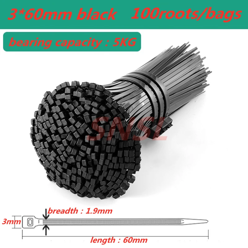 самостоятелно блокиране найлонов пластмасов кабел tie3*60/3*100/3*150/3*200 100шт черен контур за кабелни превръзки с цип ширина 1,9 мм кабел органайзер 0