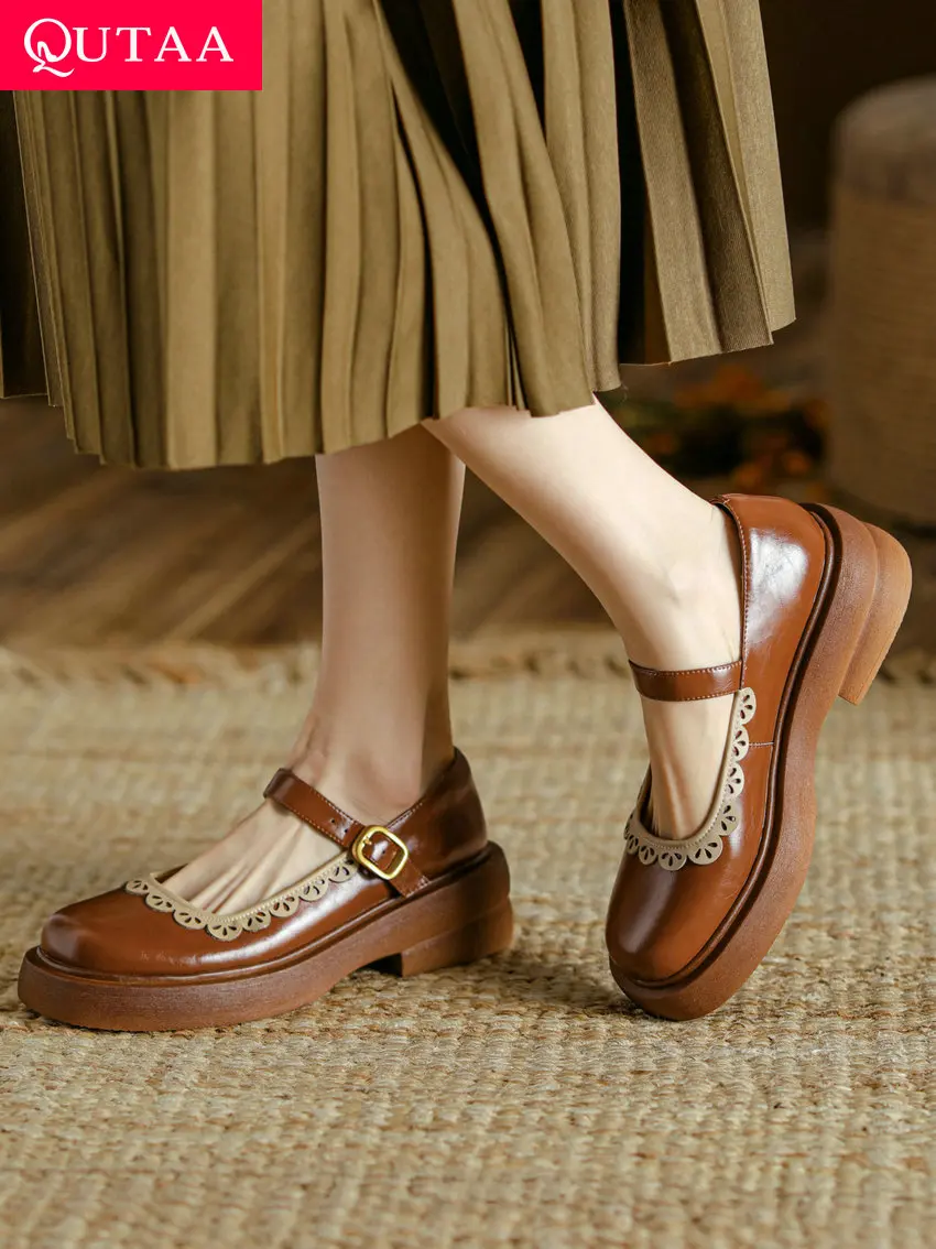 QUTAA/2022, Дамски обувки-лодка от естествена кожа Mary Janes, Летни Есенни обувки за Бала, Дантелени обувки на среден ток с кръгло бомбе, дамски Размери 34-39 0