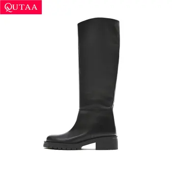 QUTAA ZA/Модни дамски ботуши до Коляното от Волска кожа, топли Мотоциклетни ботуши на среден Ток INS с Квадратна ток, зимни дамски обувки 34-42 0